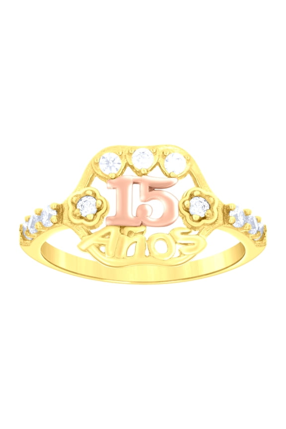 14k 14kt Gold Womens Tri-Color Cz 15 Anos Flower Sz7 Quinceanera Ring Band