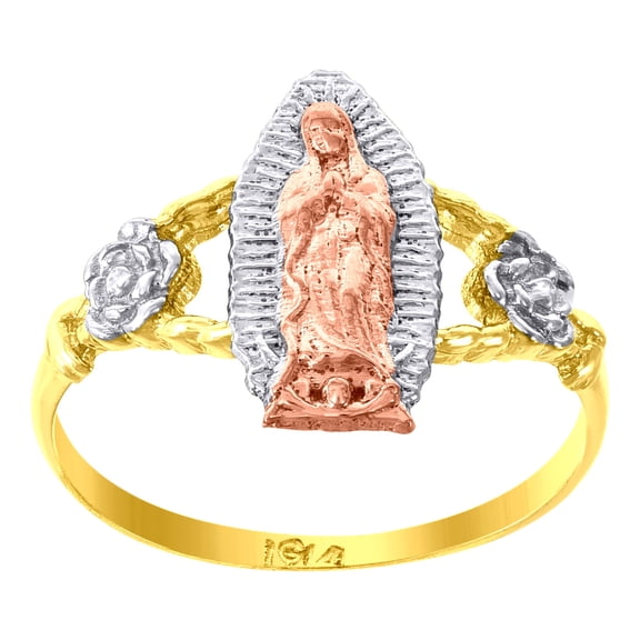 14k 14kt Gold Womens Tri-Color Cz Guadalupe Mary Flower Sz7 Religious Ring Band