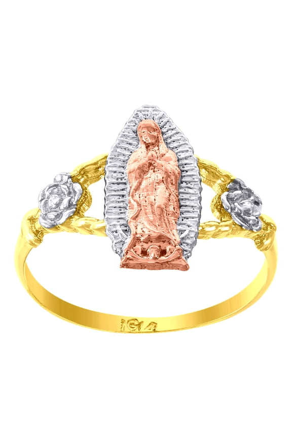 14k 14kt Gold Womens Tri-Color Cz Guadalupe Mary Flower Sz7 Religious Ring Band