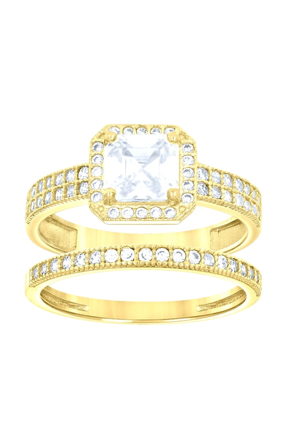 14k 14kt Gold Womens Two-Tone Cz Duo Center Princess-Cut Wedding Bridal Set Band Ring