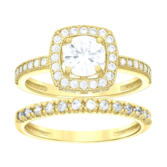 14k 14kt Gold Womens Two-Tone Cz Duo Square Head Center Stone Sz7 Wedding Engagement Bridal Set Ring