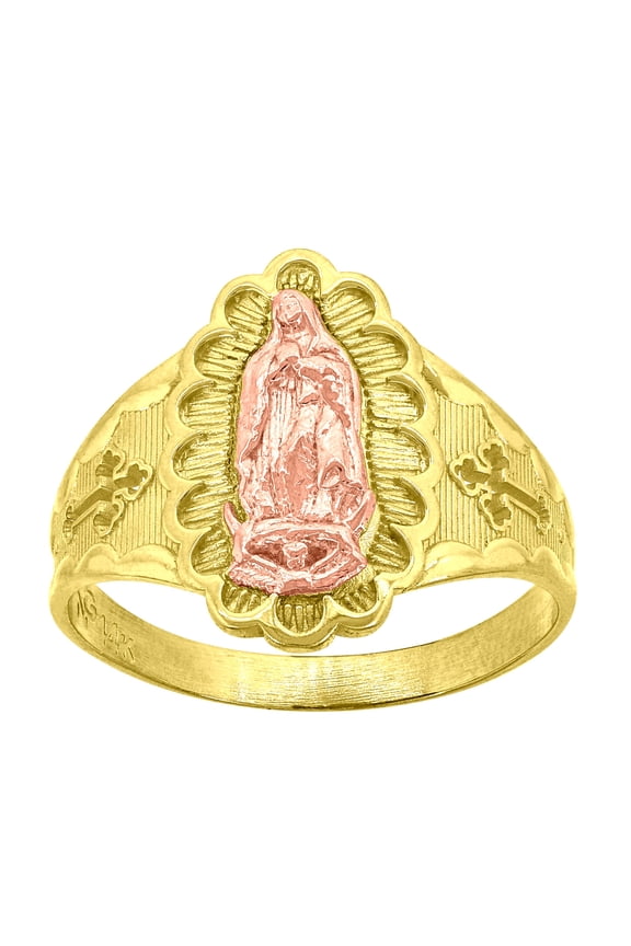 14k 14kt Gold Womens Two-Tone Guadalupe Mary Cross Sz7 Religious Band Ring