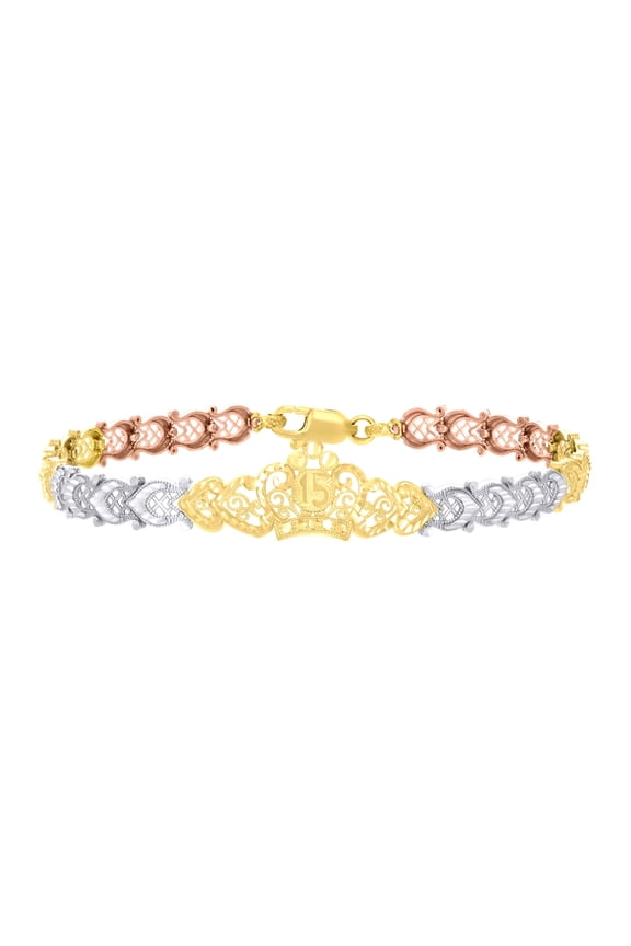 14k 14kt Tri-Color Gold Womens Crown 15 Anos Quinceanera Charm Bracelet