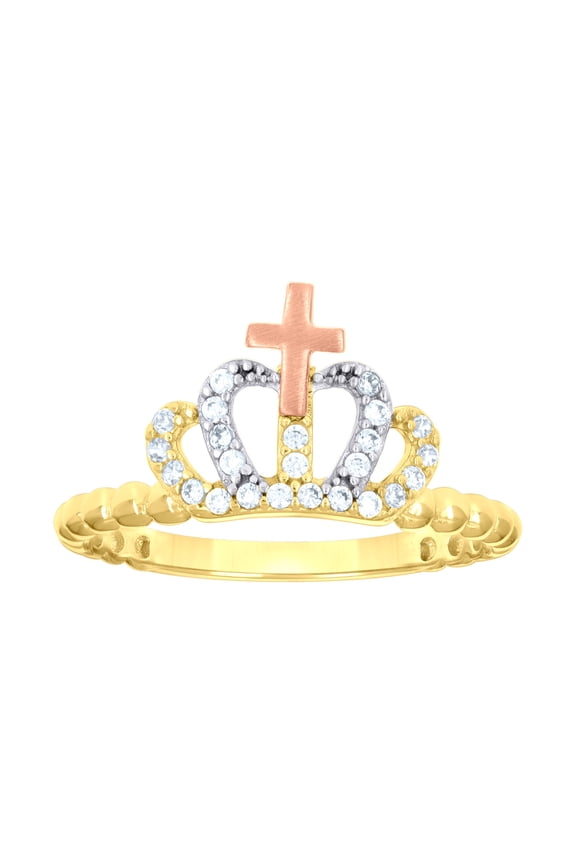 14k 14kt Tri-Color Gold Womens Cubic-Zirconia Cross Crown Fashion Ring