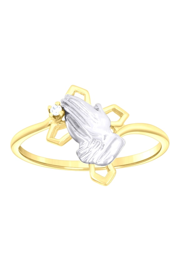 14k 14kt Two-tone Gold Womens Cubic-Zirconia Cross Praying Hands Symbol Religious Ring