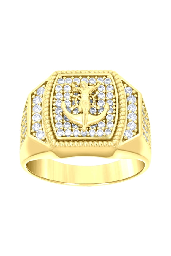 14k 14kt Yellow Gold Mens Cubic-Zirconia Anchor Crucifix Religious Ring
