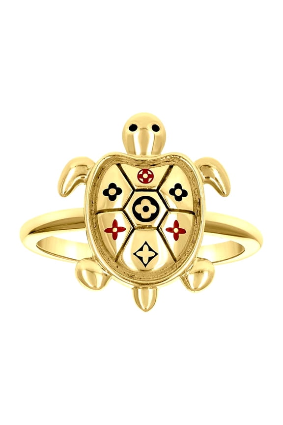14k 14kt Yellow Gold Womens Enameled Clover Turtle Ocean Life Ring