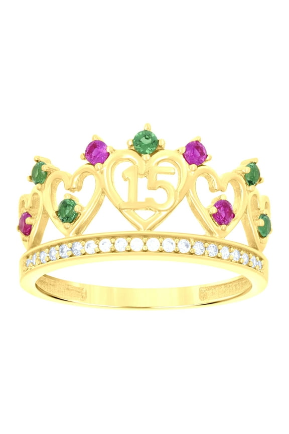 14k 14kt Yellow Gold Womens Multi-Color Cubic-Zirconia 15 Anos Quinceanera Ring