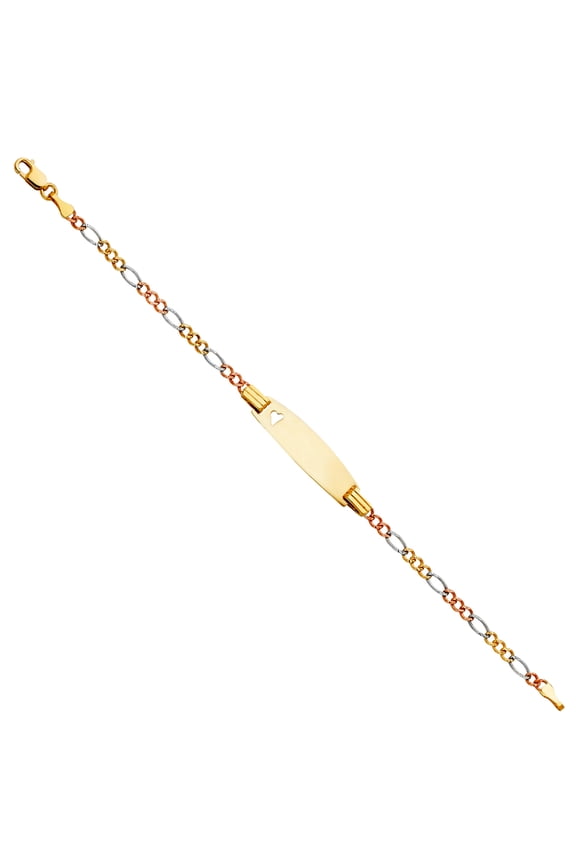 14k 2.6mm Figaro 3 Plus 1 Links Yellow Gold White Gold and Rose Gold Oval ID With Love Heart Bracele Identification Brac