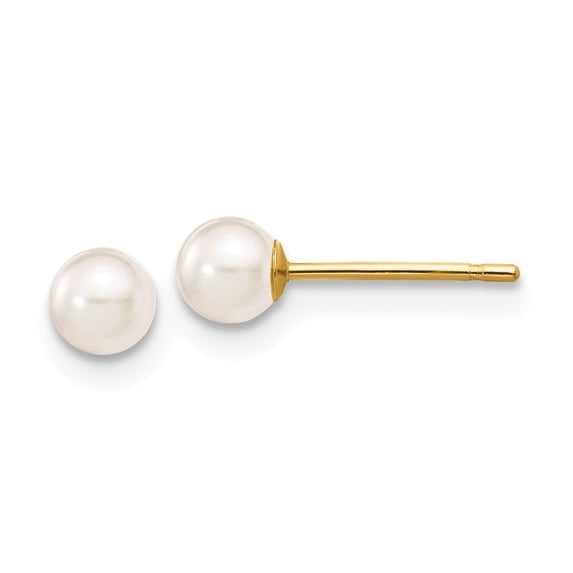 14k 3-4mm Round White Saltwater Akoya Cultured Pearl Stud Post Earrings in 14k Yellow Gold