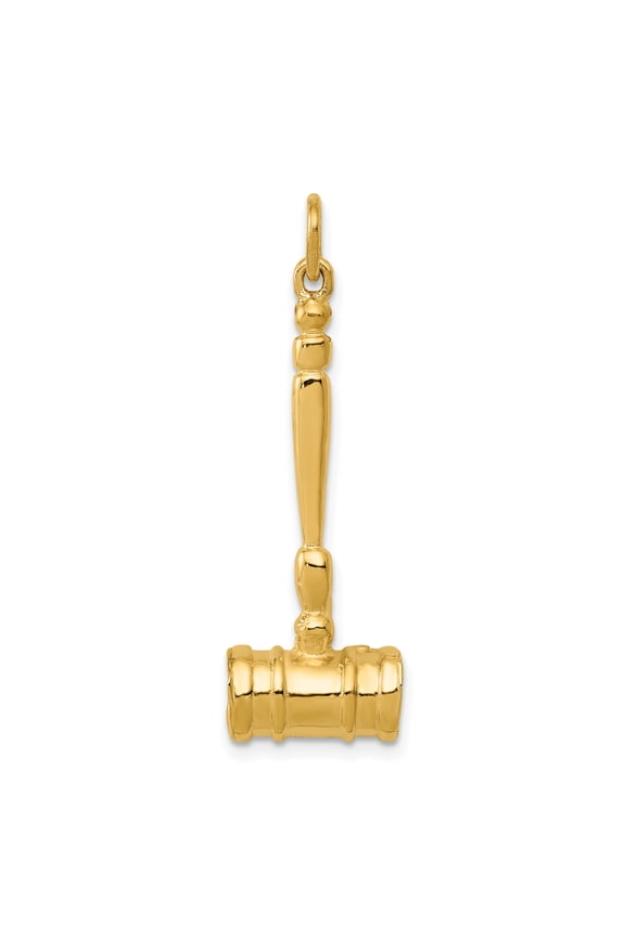 14K Yellow Gold Gavel Pendant  Polished 3D Design, 28mm, Made in USA