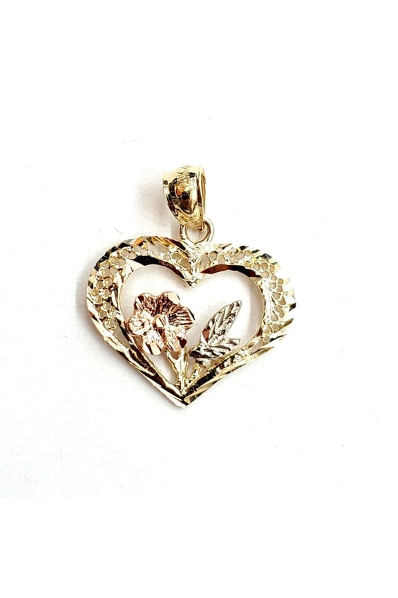 14k 3 color solid Gold heart rose flower Pendant charm fine love jewelry 1.4g