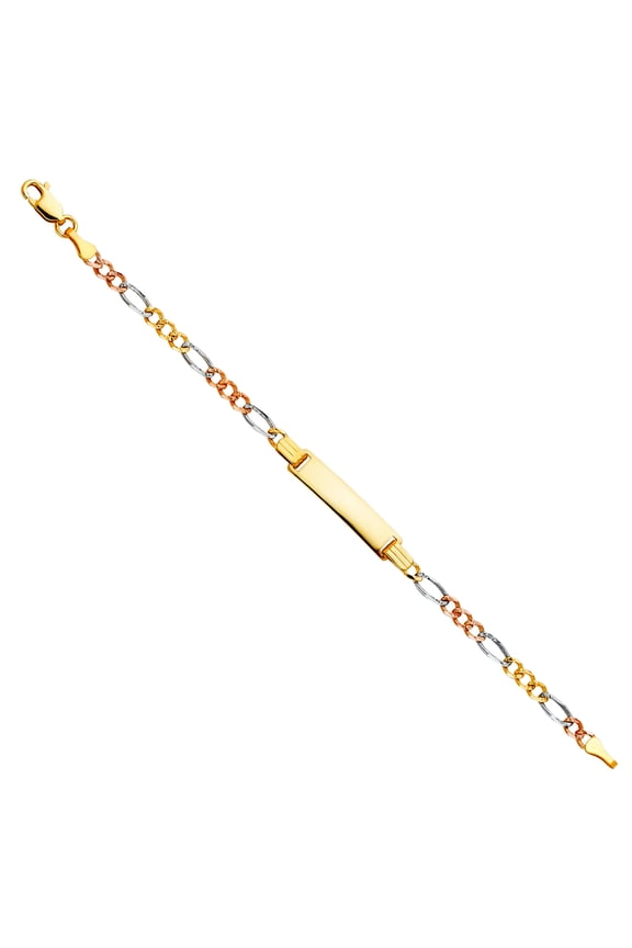 14k 3mm Figaro 3 Plus 1 Links Yellow Gold White Gold and Rose Gold ID Bracelet Identification Bracelet for Women