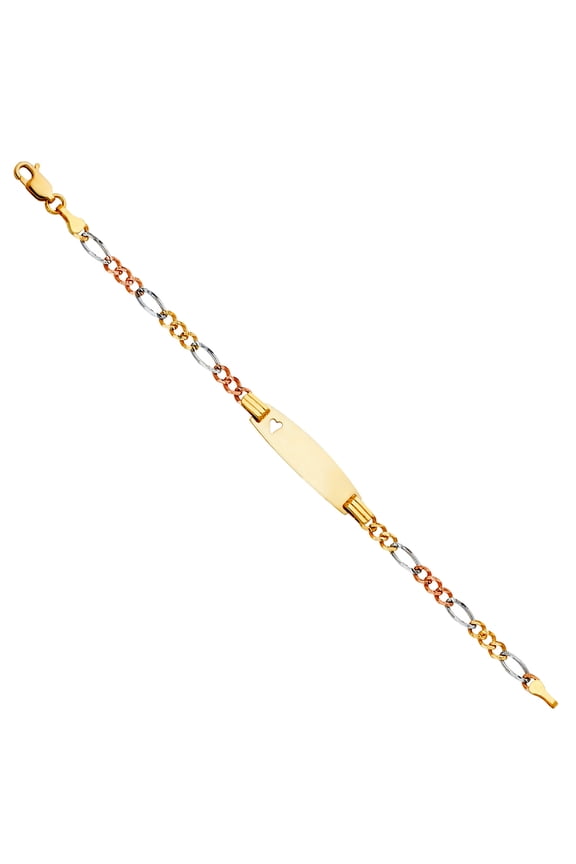 14k 3mm Figaro 3 Plus 1 Links Yellow Gold White Gold and Rose Gold Oval ID With Love Heart Bracelet Identification Brace