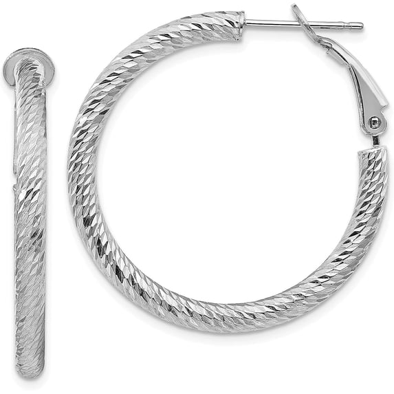 14k 3x25mm White Gold Diamond-cut Round Omega Back Hoop Earrings - 32.25mm