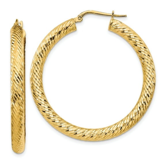 14k 4x30mm Diamond-cut Round Hoop Earrings 14k Yellow Gold Earrings