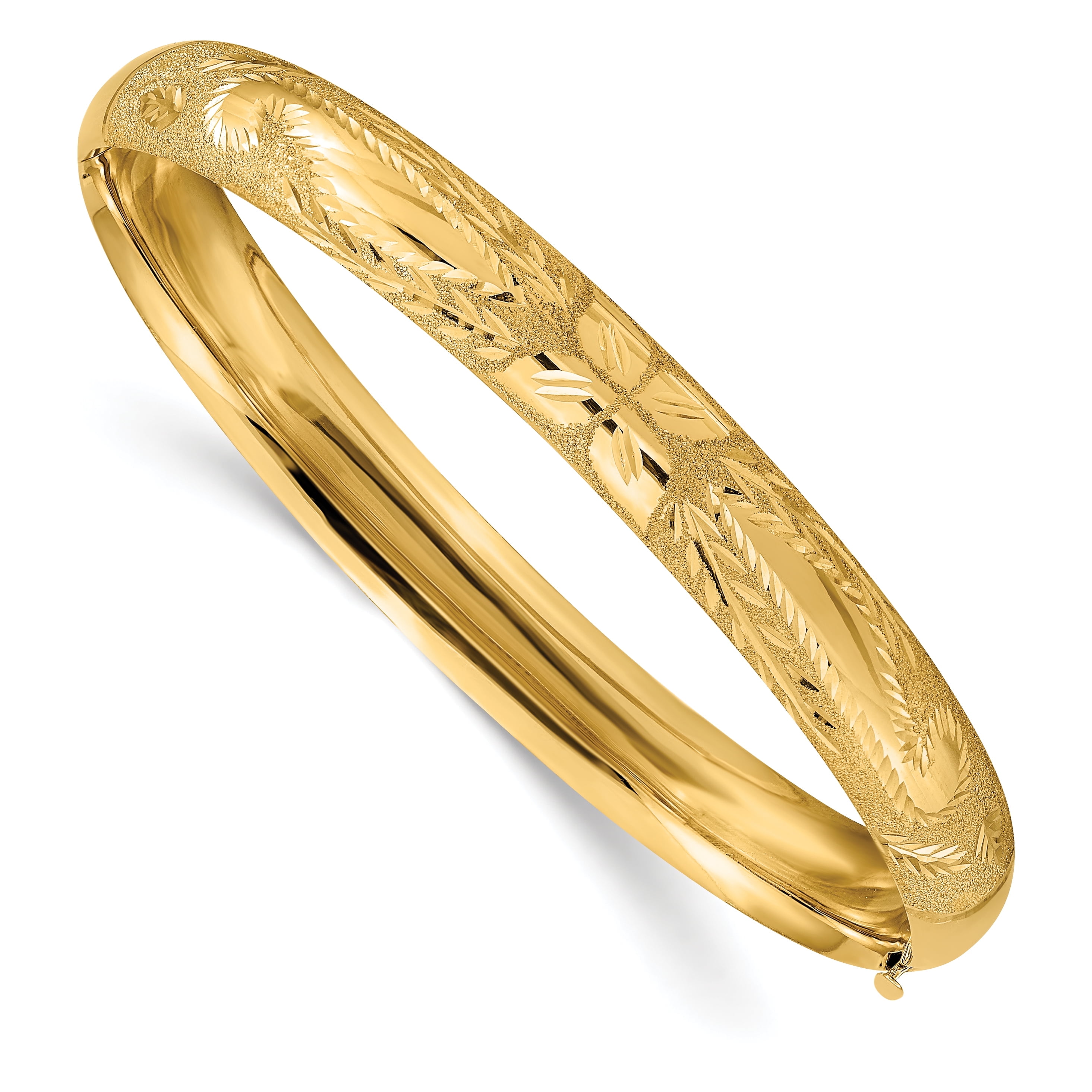 GOLD TIME 14k Yellow Gold Floral Design Women's Bangle Bracelet - 7 inches