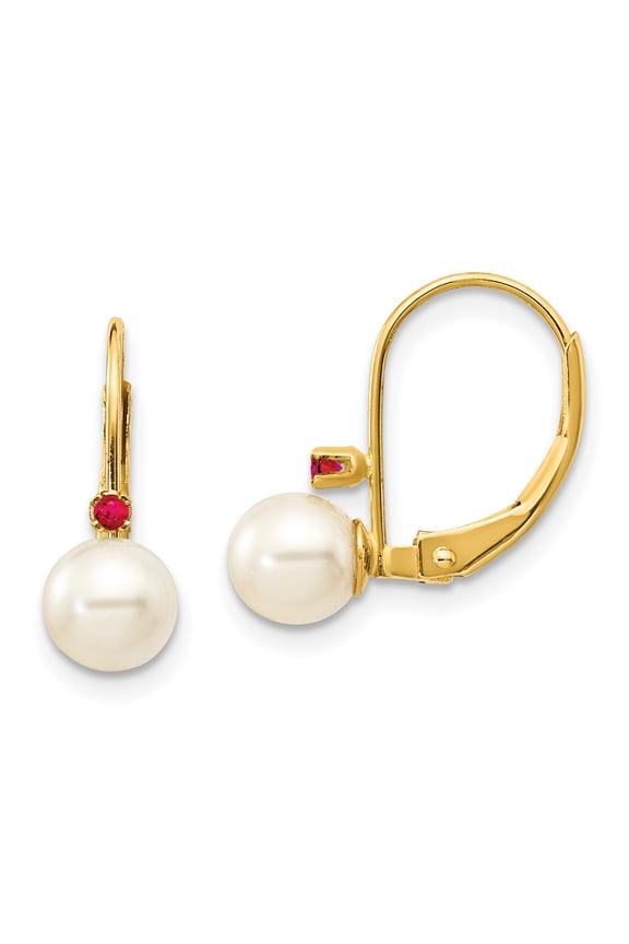 14k 5-5.5mm White Round Freshwater Cultured Pearl Ruby Leverback Earrings 14k Yellow Gold Earrings