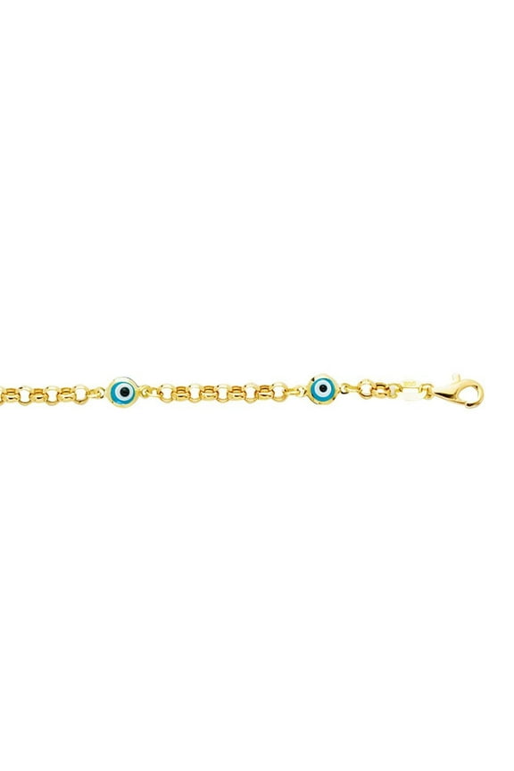 14k 5.5 Inch Yellow Gold Shiny Rolo Link Chain Station Evil Eye Bracelet With Pear Shape Clasp