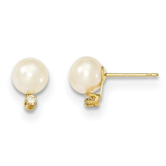 14k 6-7mm White Round Freshwater Cultured Pearl .06ct Diamond Post Earrings 14k Yellow Gold Earrings