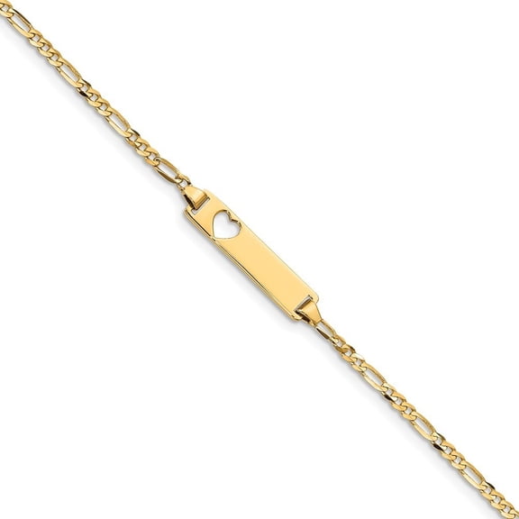 14k 6 Inch Plate Stamped-Out Heart Figaro Child ID Bracelet - Lobster Claw - Measures 5mm Wide