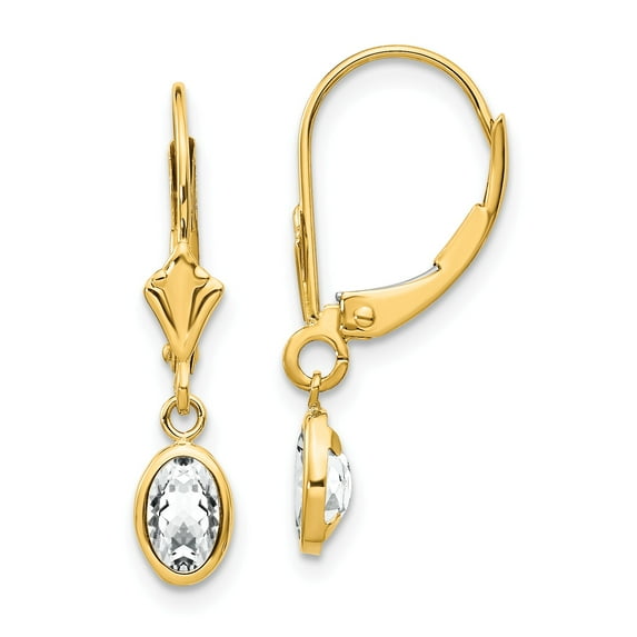 14k 6x4 Oval Bezel April/White Topaz Leverback Earrings in 14k Yellow Gold