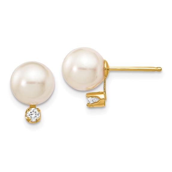 14k 7-8mm White Round Saltwater Akoya Cultured Pearl Diamond Post Earrings 14k Yellow Gold Earrings