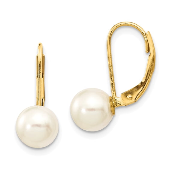 14k 7-8mm White Round Saltwater Akoya Cultured Pearl Leverback Earrings in 14k Yellow Gold