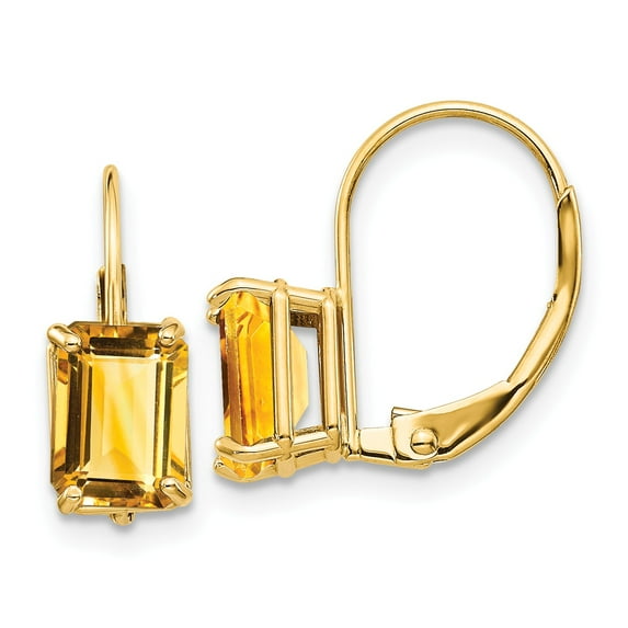 14k 7x5mm Emerald Cut Citrine Leverback Earrings in 14k Yellow Gold