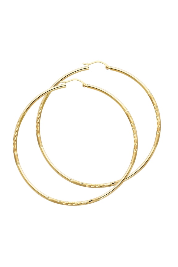 14k Big Round Large Diamond Cut Satin Finish Hoop Earrings French Lock Yellow Gold Solid 65mm x 2mm