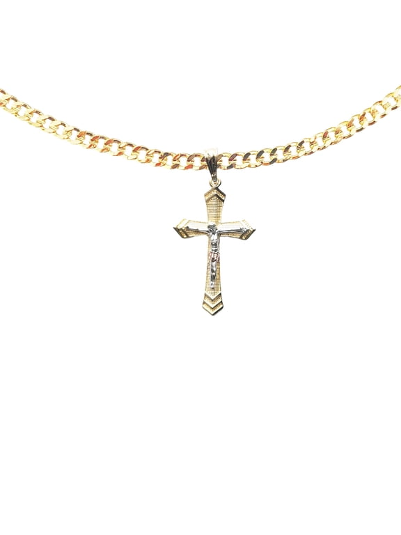 14k Bonded Gold Cuban Chain with Crucifix Cross Pendant, Best Unisex Christmas Gift for Women, Men, Mother, Father, Girlfriend, Boyfriend, Her, Him, 14k Necklace with Charm, Best jewelry Gifts