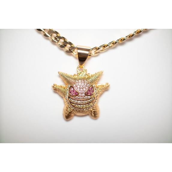 14k Bonded Gold Cuban Chain with Genger Pokemon Pendant, Best Unisex Christmas Gift for Women, Men, Mother, Father, Girlfriend, Boyfriend, Her, Him, 14k Necklace with Charm, Best jewelry Gifts