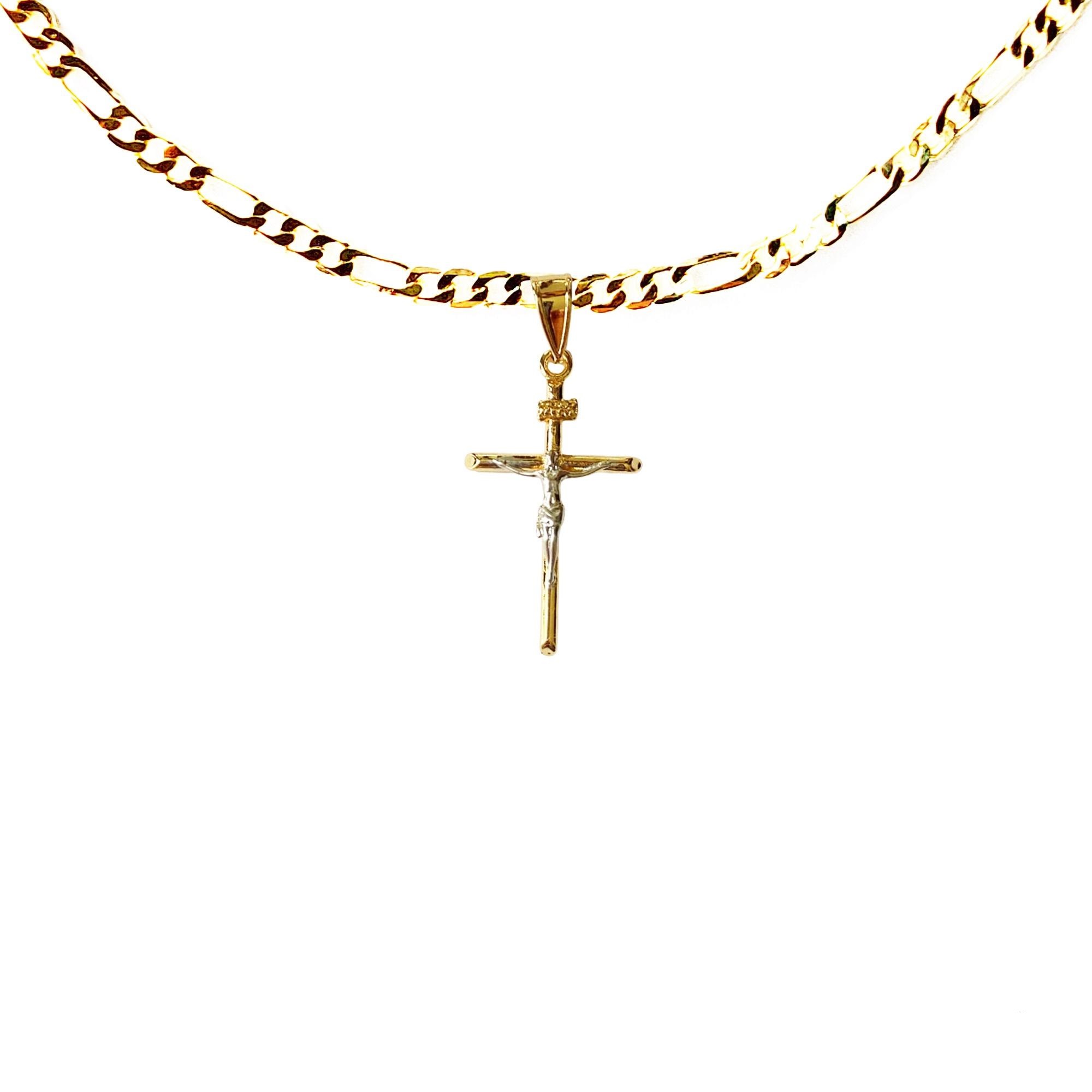 14k Bonded Gold Figaro Chain with Crucifix Cross Pendant, Best Unisex Christmas Gift for Women, Men, Mother, Father, Girlfriend, Boyfriend, Her, Him, 14k Necklace with Charm, Best jewelry Gifts