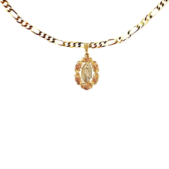 14k Bonded Gold Figaro Chain with Rose Saint Mary Pendant, Best Unisex Christmas Gift for Women, Men, Mother, Father, Girlfriend, Boyfriend, Her, Him, 14k Necklace with Charm, Best jewelry Gifts