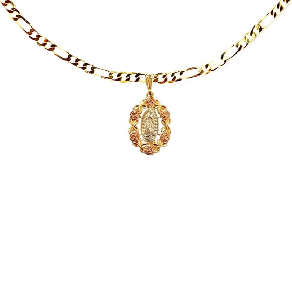 14k Bonded Gold Figaro Chain with Rose Saint Mary Pendant, Best Unisex Christmas Gift for Women, Men, Mother, Father, Girlfriend, Boyfriend, Her, Him, 14k Necklace with Charm, Best jewelry Gifts