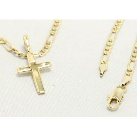 14k Bonded Gold Figaro Chain with Cross Pendent & Gift Bag by Aria Jeweler
