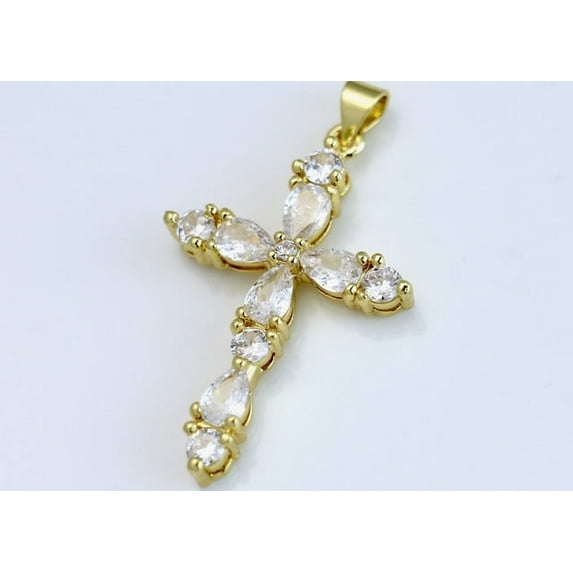 14k Bonded Gold Necklace with Bling Cross Pendent, Best Christmas Unisex Gift for Women, Men Mother, Father, Girlfriend, Boyfriend, Her, Him, Figaro Chain with Charm by Artisan Jeweler