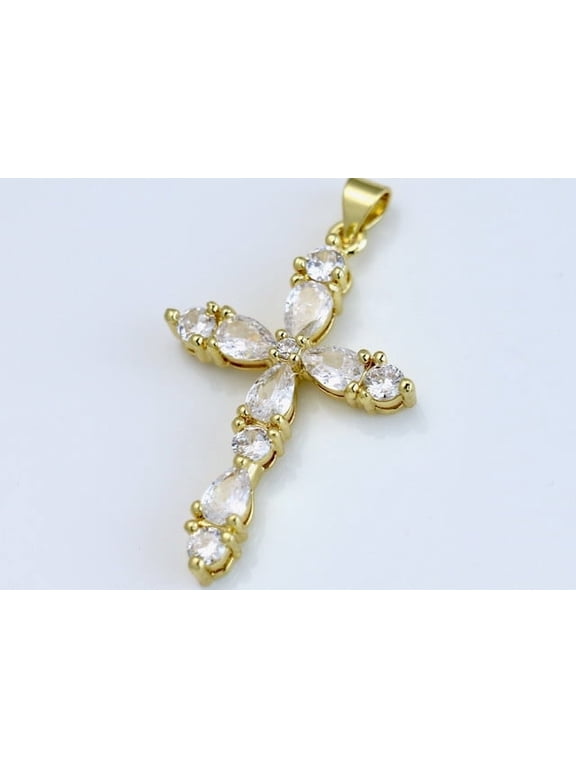 14k Bonded Gold Necklace with Bling Cross Pendent, Best Christmas Unisex Gift for Women, Men Mother, Father, Girlfriend, Boyfriend, Her, Him, Figaro Chain with Charm by Artisan Jeweler