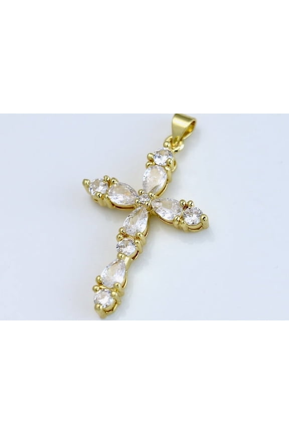 14k Bonded Gold Necklace with Bling Cross Pendent, Best Christmas Unisex Gift for Women, Men Mother, Father, Girlfriend, Boyfriend, Her, Him, Figaro Chain with Charm by Artisan Jeweler