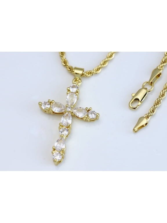 14k Bonded Gold Necklace with Bling Cross Pendent, Best Christmas Unisex Gift for Women, Men Mother, Father, Girlfriend, Boyfriend, Her, Him, Rope Chain with Charm by Artisan Jeweler