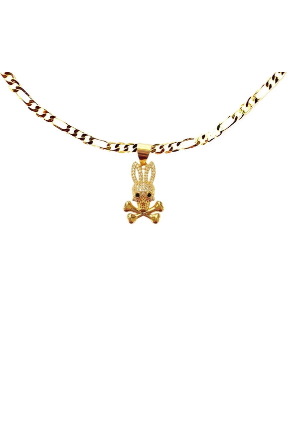 14k Bonded Gold Necklace with Bunny Cross Bone Pendent, Best Christmas Unisex Gift for Women, Men Mother, Father, Girlfriend, Boyfriend, Her, Him, Figaro Chain with Charm by Artisan Jeweler