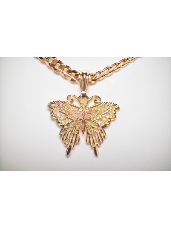 14k Bonded Gold Necklace with Butterfly Pendent, Best Christmas Unisex Gift for Women, Men Mother, Father, Girlfriend, Boyfriend, Her, Him, Cuban Chain with Charm by Artisan Jeweler