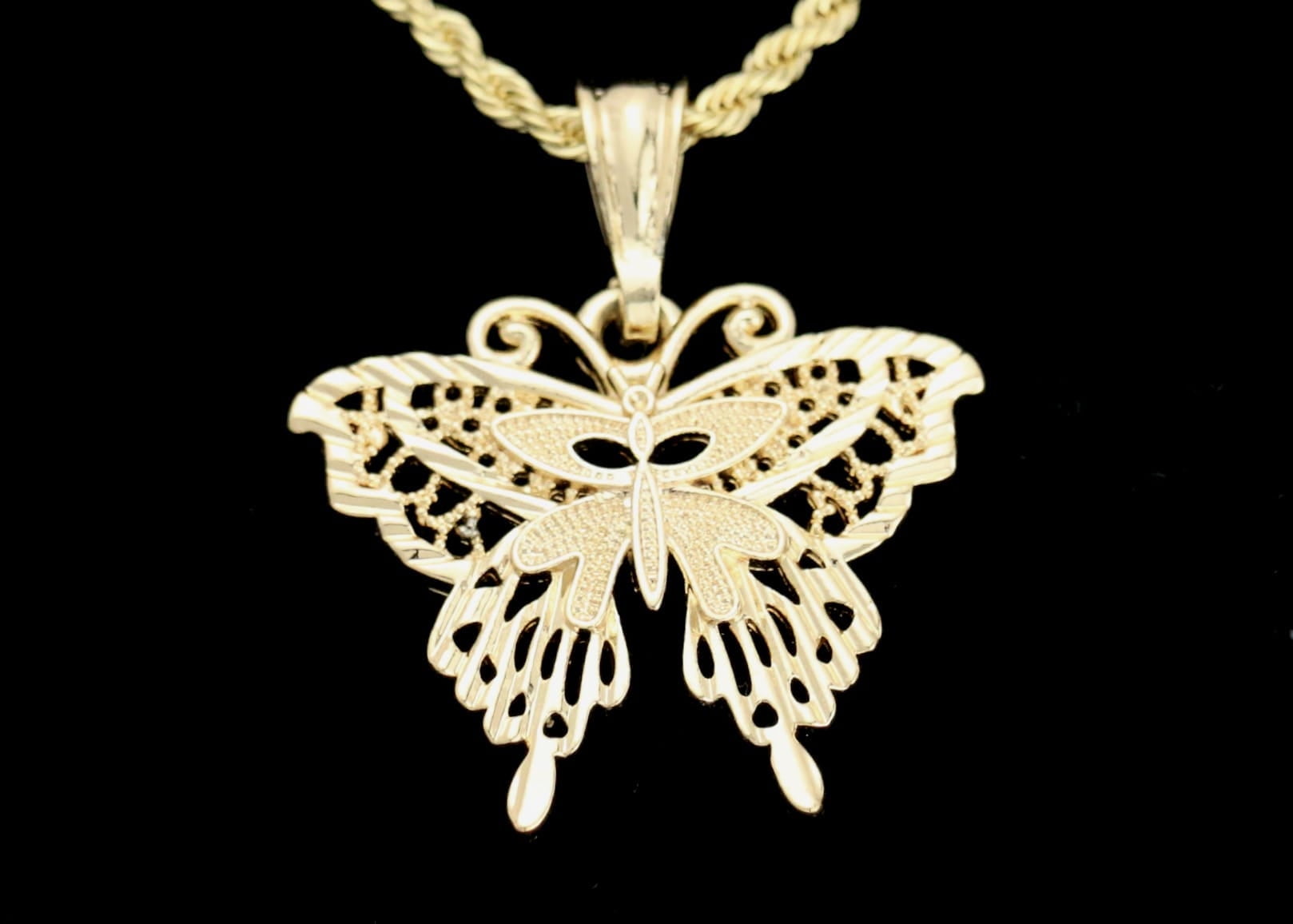 14k Bonded Gold Necklace with Butterfly Pendent, Best Christmas Unisex Gift for Women, Men Mother, Father, Girlfriend, Boyfriend, Her, Him, Rope Chain with Charm by Artisan Jeweler