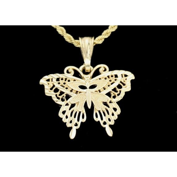 14k Bonded Gold Necklace with Butterfly Pendent, Best Christmas Unisex Gift for Women, Men Mother, Father, Girlfriend, Boyfriend, Her, Him, Rope Chain with Charm by Artisan Jeweler