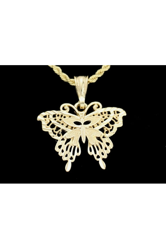 14k Bonded Gold Necklace with Butterfly Pendent, Best Christmas Unisex Gift for Women, Men Mother, Father, Girlfriend, Boyfriend, Her, Him, Rope Chain with Charm by Artisan Jeweler