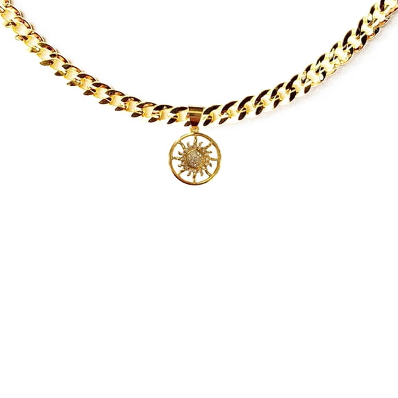 14k Bonded Gold Necklace with Circle Sun Pendent, Best Christmas Unisex Gift for Women, Men Mother, Father, Girlfriend, Boyfriend, Her, Him, Cuban Chain with Charm by Artisan Jeweler