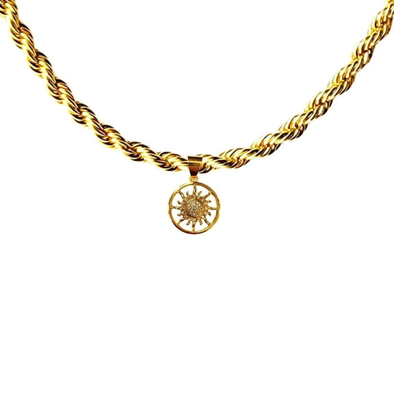 14k Bonded Gold Necklace with Circle Sun Pendent, Best Christmas Unisex Gift for Women, Men Mother, Father, Girlfriend, Boyfriend, Her, Him, Rope Chain with Charm by Artisan Jeweler