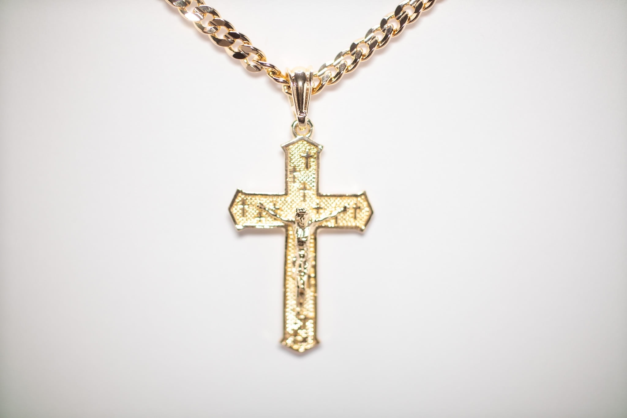14k Bonded Gold Necklace with Curifix Cross Pendent, Best Christmas Unisex Gift for Women, Men Mother, Father, Girlfriend, Boyfriend, Her, Him, Cuban Chain with Charm by Artisan Jeweler