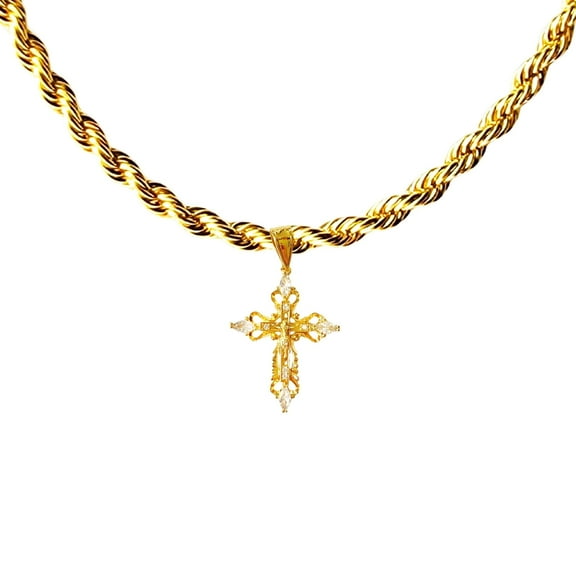 14k Bonded Gold Necklace with Curifix Cross Pendent, Best Christmas Unisex Gift for Women, Men Mother, Father, Girlfriend, Boyfriend, Her, Him, Rope Chain with Charm by Artisan Jeweler