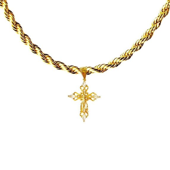 14k Bonded Gold Necklace with Curifix Cross Pendent, Best Christmas Unisex Gift for Women, Men Mother, Father, Girlfriend, Boyfriend, Her, Him, Rope Chain with Charm by Artisan Jeweler